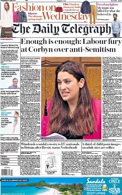 The Daily Telegraph Newspaper Front Page for 18 April 2018