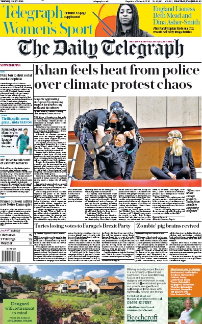 The Daily Telegraph Newspaper Front Page for 18 April 2019