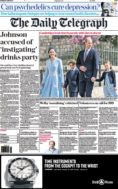 The Daily Telegraph (UK) Newspaper Front Page for 18 April 2022