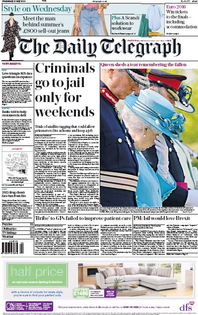 The Daily Telegraph Newspaper Front Page for 18 May 2016