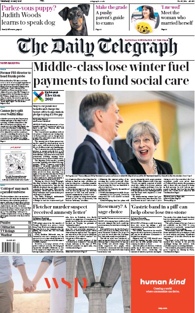 The Daily Telegraph Newspaper Front Page for 18 May 2017