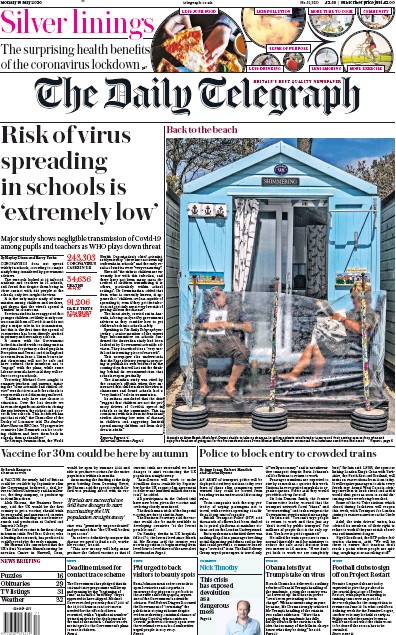 The Daily Telegraph Newspaper Front Page for 18 May 2020