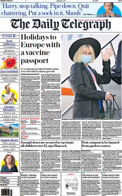 The Daily Telegraph Newspaper Front Page for 18 May 2021