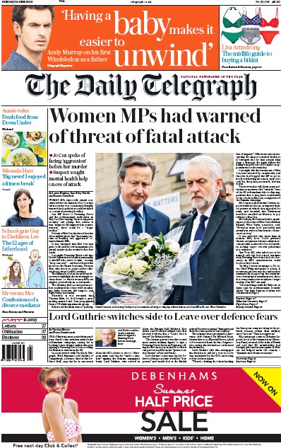 The Daily Telegraph (UK) Newspaper Front Page for 18 June 2016