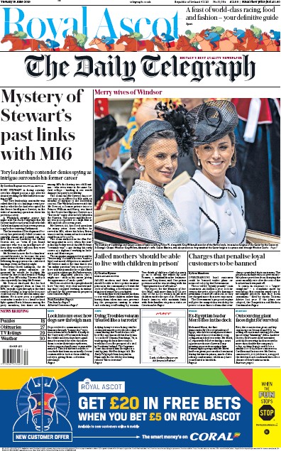 The Daily Telegraph Newspaper Front Page for 18 June 2019