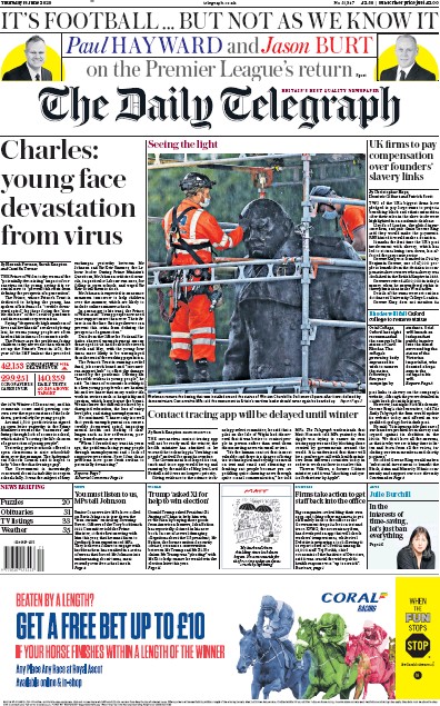 The Daily Telegraph Newspaper Front Page for 18 June 2020
