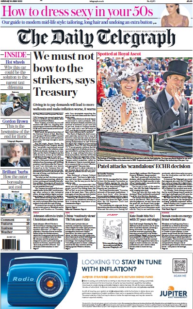 The Daily Telegraph (UK) Newspaper Front Page for 18 June 2022