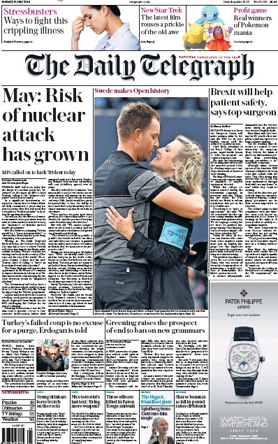 The Daily Telegraph Newspaper Front Page for 18 July 2016