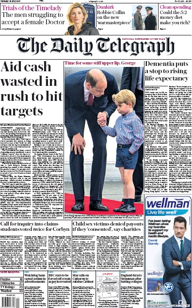 The Daily Telegraph Newspaper Front Page for 18 July 2017