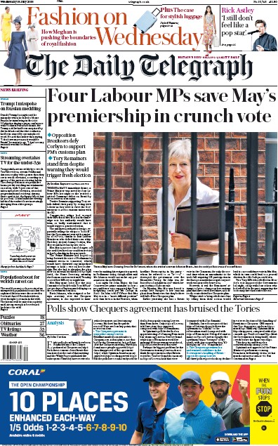 The Daily Telegraph Newspaper Front Page for 18 July 2018