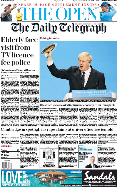 The Daily Telegraph (UK) Newspaper Front Page for 18 July 2019