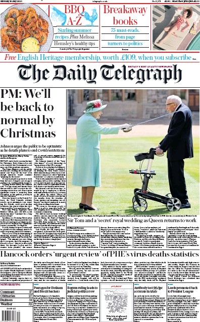 The Daily Telegraph Newspaper Front Page for 18 July 2020