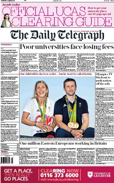 The Daily Telegraph Newspaper Front Page for 18 August 2016