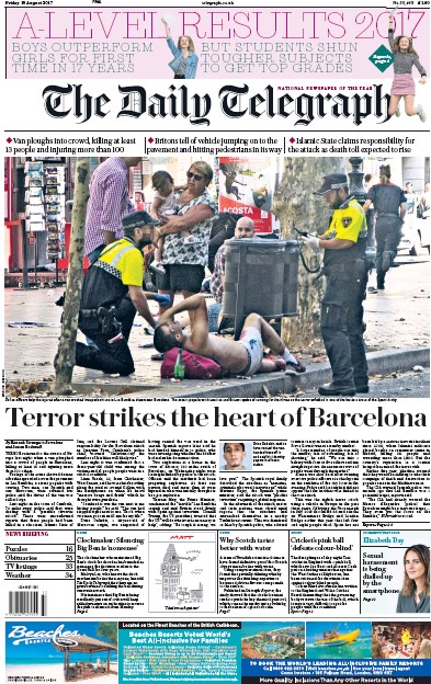 The Daily Telegraph Newspaper Front Page for 18 August 2017