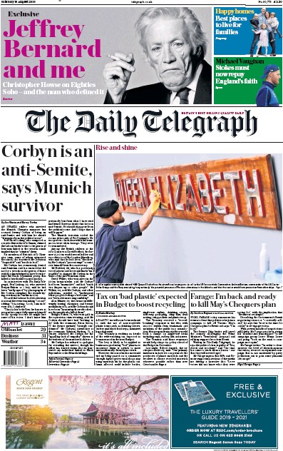 The Daily Telegraph Newspaper Front Page for 18 August 2018