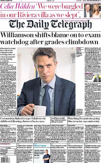 The Daily Telegraph Newspaper Front Page for 18 August 2020
