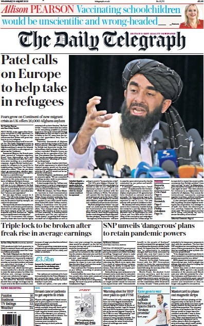 The Daily Telegraph (UK) Newspaper Front Page for 18 August 2021