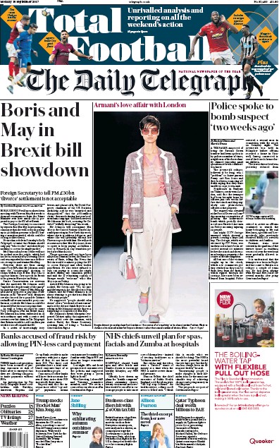 The Daily Telegraph Newspaper Front Page for 18 September 2017