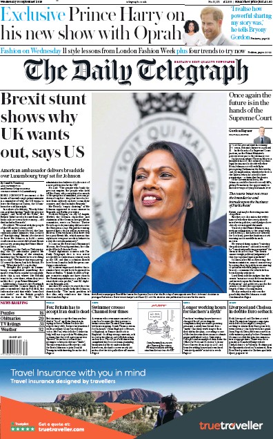 The Daily Telegraph Newspaper Front Page for 18 September 2019