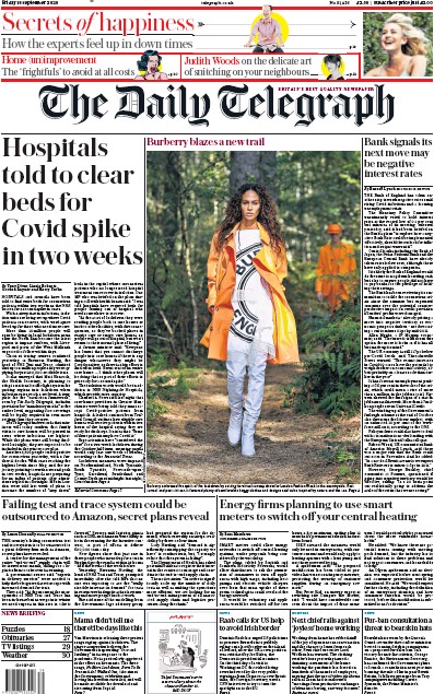 The Daily Telegraph Newspaper Front Page for 18 September 2020