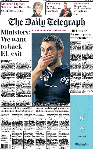 The Daily Telegraph Newspaper Front Page for 19 October 2015