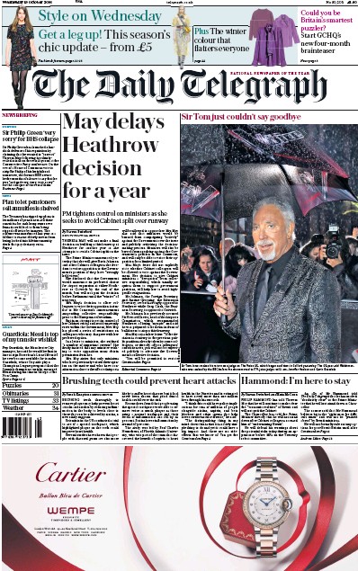 The Daily Telegraph Newspaper Front Page for 19 October 2016