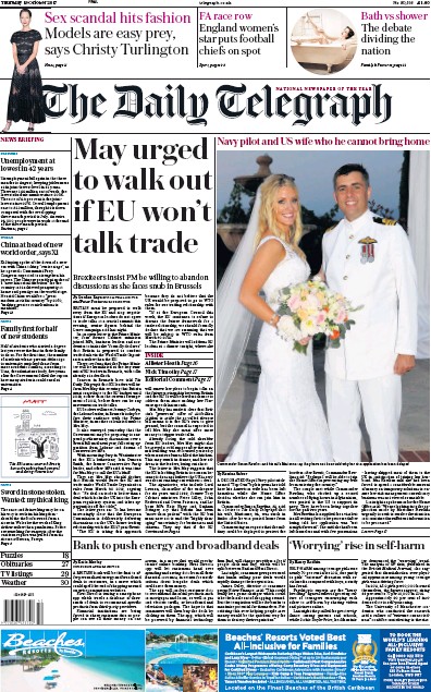 The Daily Telegraph Newspaper Front Page for 19 October 2017
