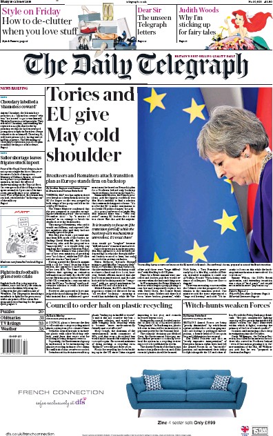 The Daily Telegraph Newspaper Front Page for 19 October 2018