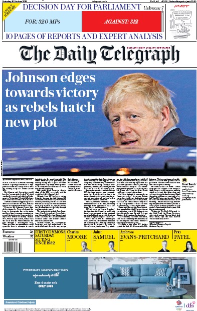 The Daily Telegraph Newspaper Front Page for 19 October 2019