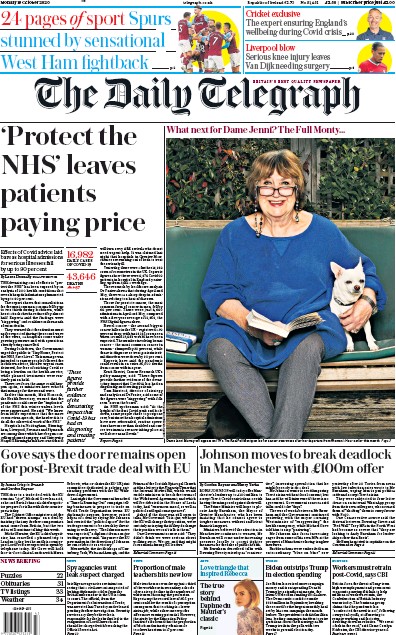 The Daily Telegraph Newspaper Front Page for 19 October 2020