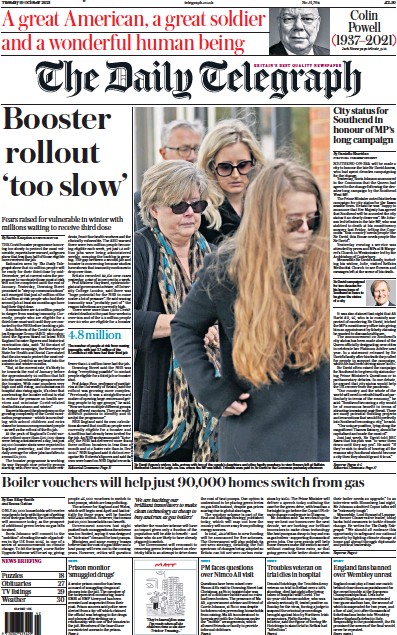 The Daily Telegraph (UK) Newspaper Front Page for 19 October 2021