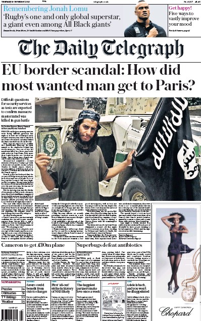 The Daily Telegraph Newspaper Front Page for 19 November 2015