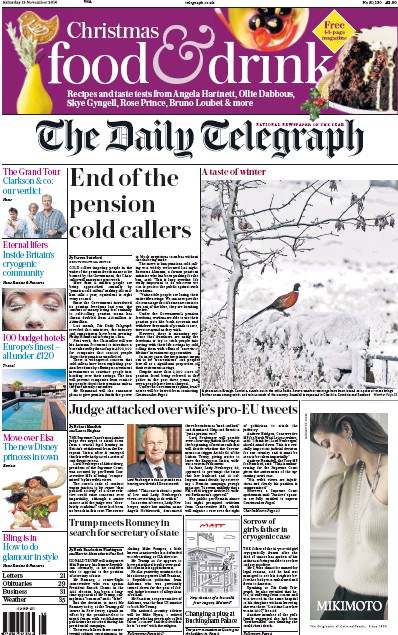 The Daily Telegraph Newspaper Front Page for 19 November 2016