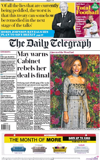 The Daily Telegraph Newspaper Front Page for 19 November 2018