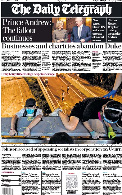 The Daily Telegraph (UK) Newspaper Front Page for 19 November 2019