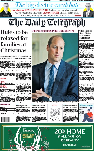 The Daily Telegraph Newspaper Front Page for 19 November 2020