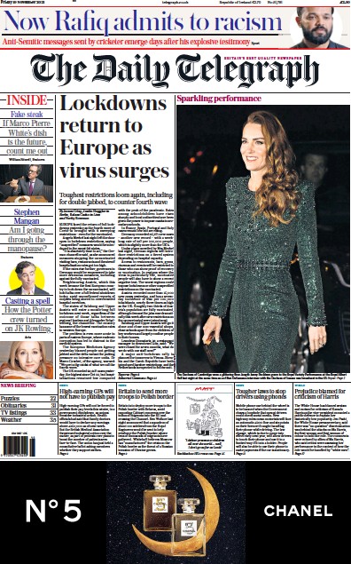 The Daily Telegraph (UK) Newspaper Front Page for 19 November 2021