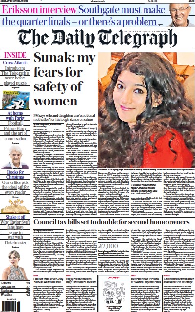 The Daily Telegraph (UK) Newspaper Front Page for 19 November 2022