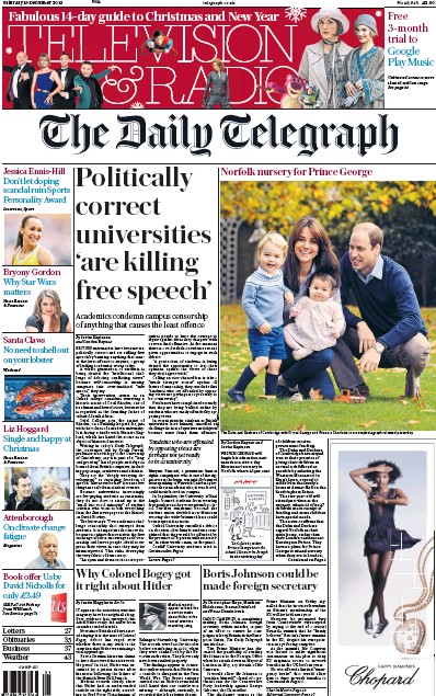 The Daily Telegraph (UK) Newspaper Front Page for 19 December 2015