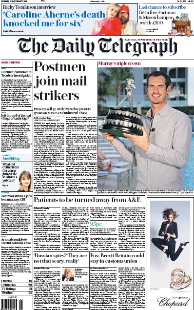 The Daily Telegraph Newspaper Front Page for 19 December 2016