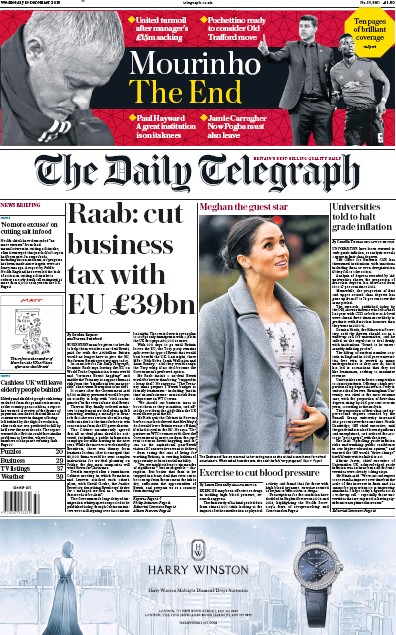 The Daily Telegraph (UK) Newspaper Front Page for 19 December 2018