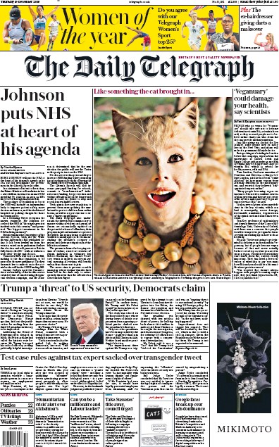 The Daily Telegraph Newspaper Front Page for 19 December 2019