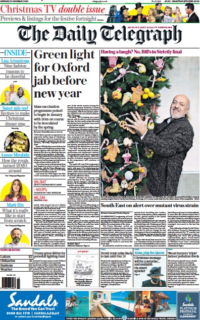 The Daily Telegraph (UK) Newspaper Front Page for 19 December 2020