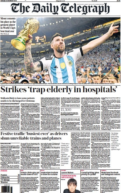 The Daily Telegraph Newspaper Front Page for 19 December 2022