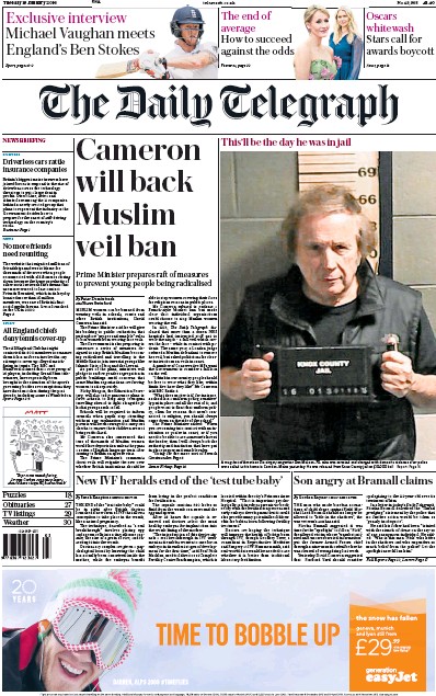 The Daily Telegraph Newspaper Front Page for 19 January 2016