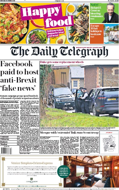 The Daily Telegraph Newspaper Front Page for 19 January 2019