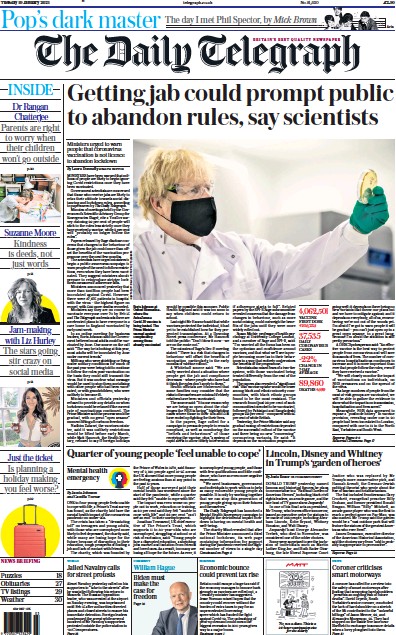 The Daily Telegraph Newspaper Front Page for 19 January 2021
