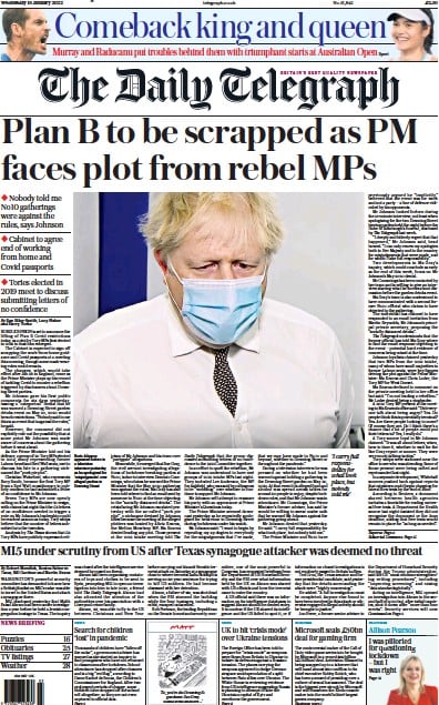 The Daily Telegraph (UK) Newspaper Front Page for 19 January 2022