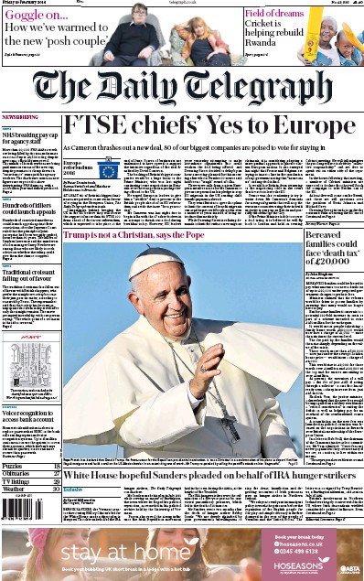 The Daily Telegraph Newspaper Front Page for 19 February 2016