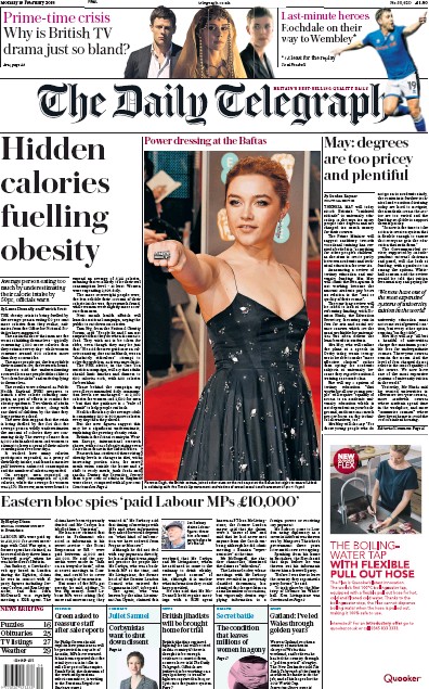 The Daily Telegraph Newspaper Front Page for 19 February 2018